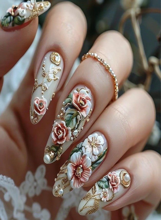 CJDLTS Flower Press on Nails Medium Length Almond Tip Acrylic Fake Nail Full Cover Glossy Floral Stick on Nails Peony Flower Pattern Design Artificial Fingernails 24Pcs DIY Glue on Nails for Women - Image 1